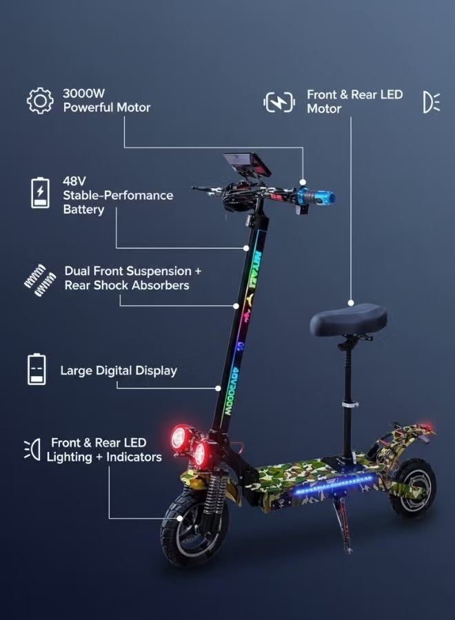 سكوتر كهربائي للكبار بتصميم جيشي وقوة 3000 واط مع مساعدات أمامية وخلفية وشاشة ديجيتال كبيرة - Image 2